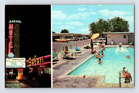 1960s Las Vegas Nevada Safari Motel postcard showing neon sign at night and daytime pool scene with guests mid century modern roadside lodging