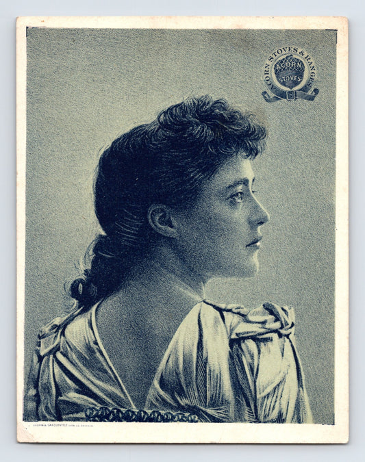 Acorn Stoves and Ranges trade card featuring blue-toned Victorian woman profile portrait with advertising reverse for Rathbone Sard Company, 1890s era.