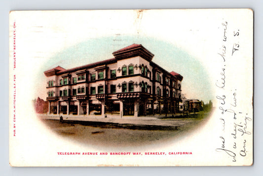 Berkeley California Telegraph Avenue and Bancroft Way corner building 1907 postcard