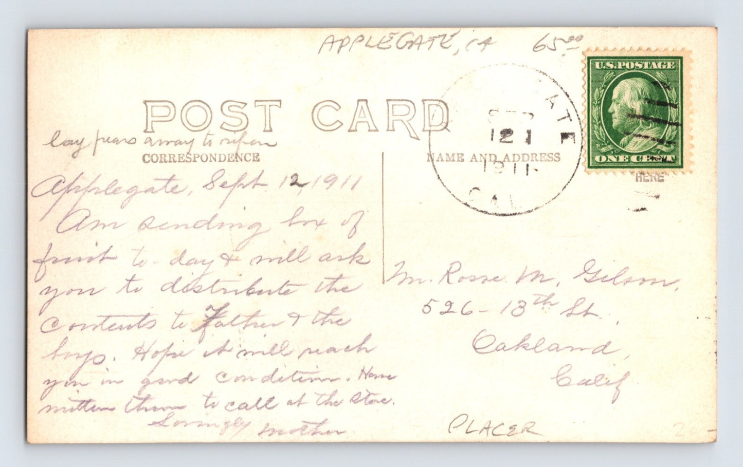 Applegate California Camp Cabin Lady 1911 Postcard RPPC Posted Divided Back