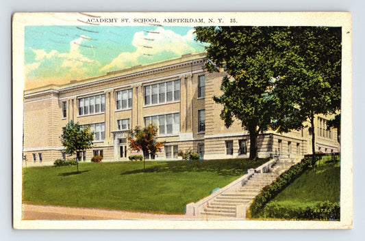Academy Street School Amsterdam New York historic school building white border postcard