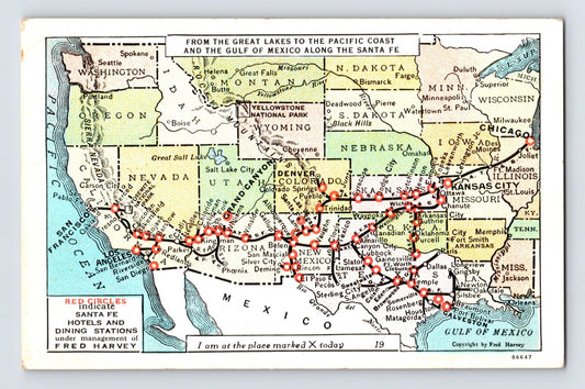 Santa Fe Railroad system map postcard showing Fred Harvey hotels and dining stations across western and central United States 1930s white border design