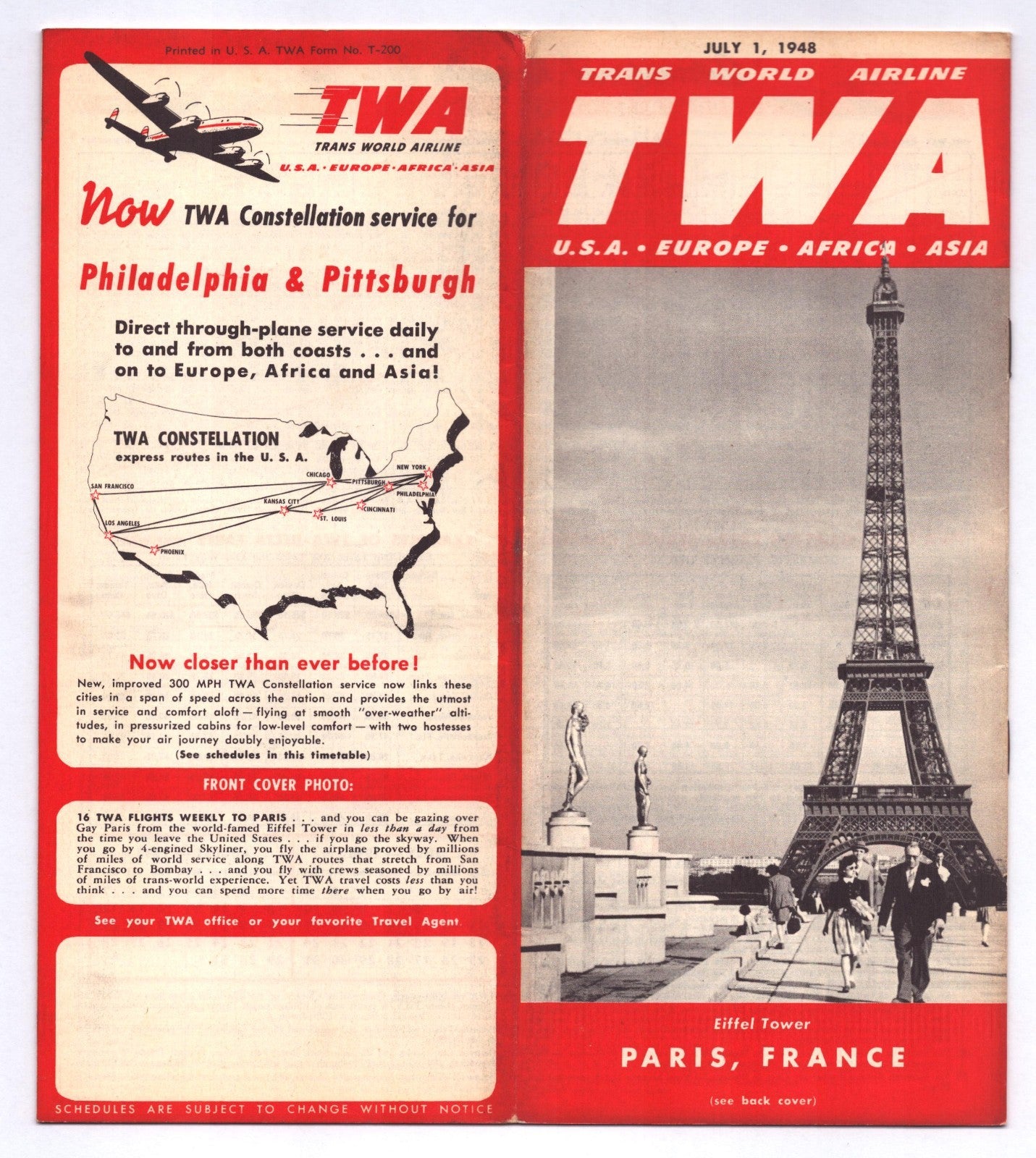 1948 TWA Trans World Airlines system timetable brochure featuring Eiffel Tower in Paris and Constellation service promotion panel for U.S., Europe, Africa, and Asia routes.
