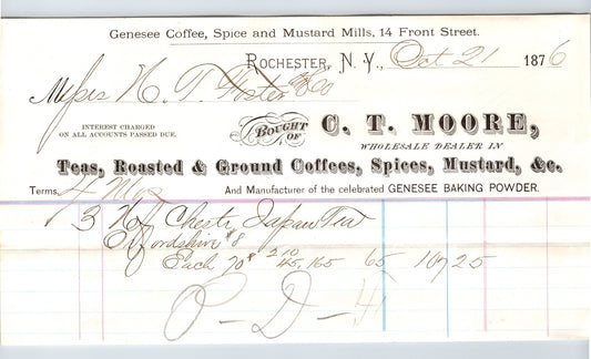 1876 Rochester New York C T Moore coffee tea spices billhead Genesee mills with handwritten order entries and printed business header