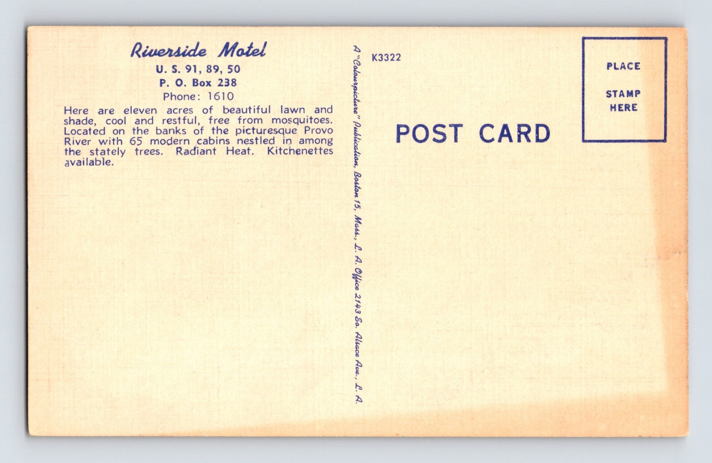 Provo Utah Riverside Motel 1940s Postcard Unposted Linen