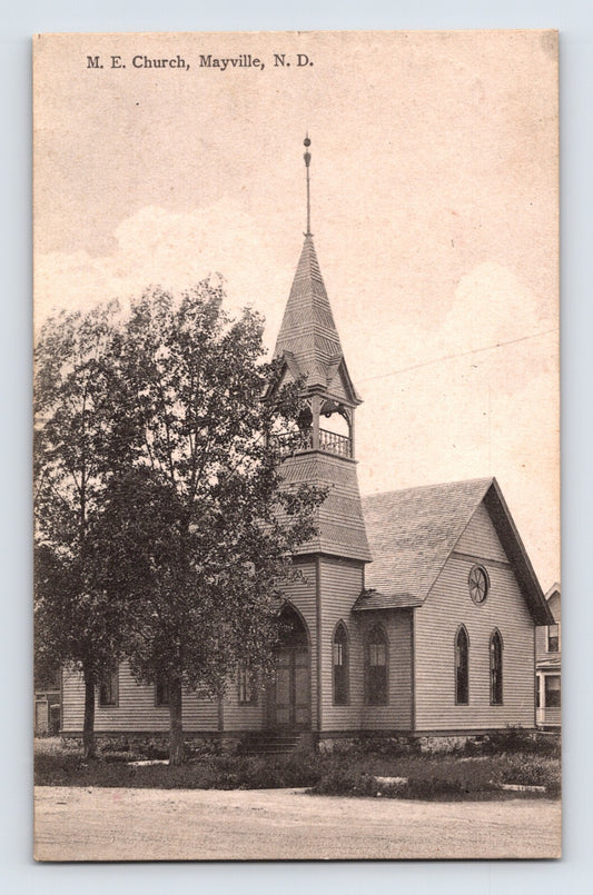 Mayville North Dakota Methodist Episcopal Church steeple wood frame building 1909 postcard