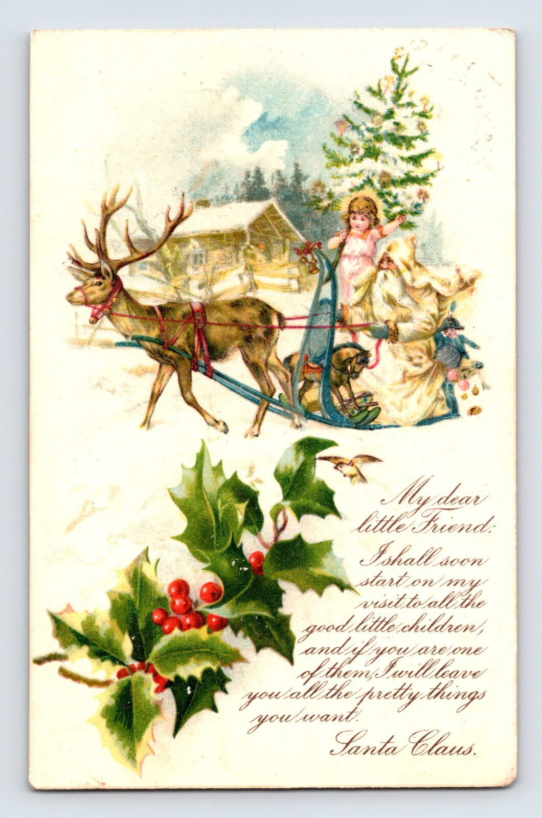 Colorful Christmas postcard showing Santa in yellow robe with little girl on sleigh pulled by reindeer and holly decoration 1910