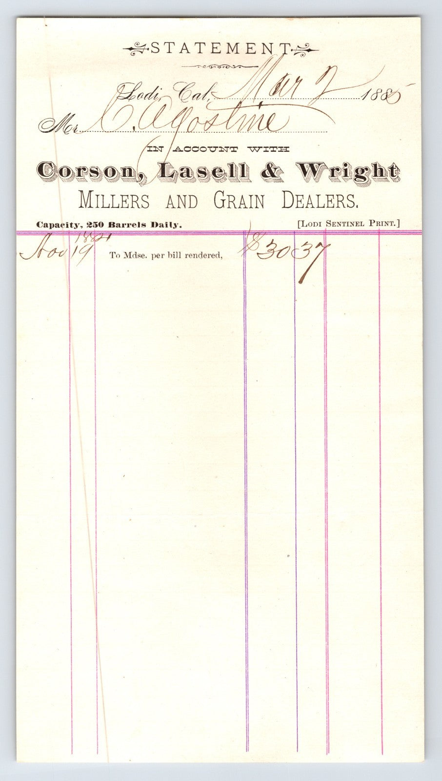 Lodi California Corson Lasell Wright millers and grain dealers 1885 billhead