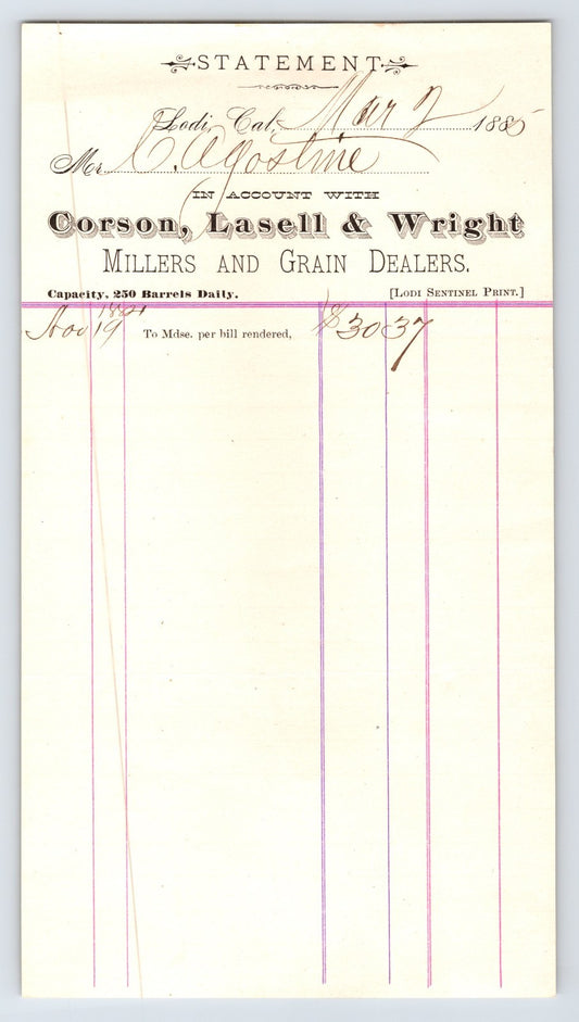 Lodi California Corson Lasell Wright millers and grain dealers 1885 billhead