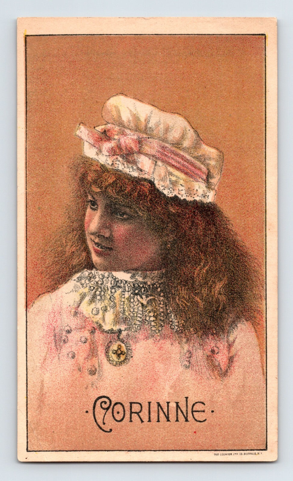 Victorian trade card advertising Corrine in Arcadia burlesque performance at Sans Souci Garden August 1887 with portrait in lace bonnet and period costume