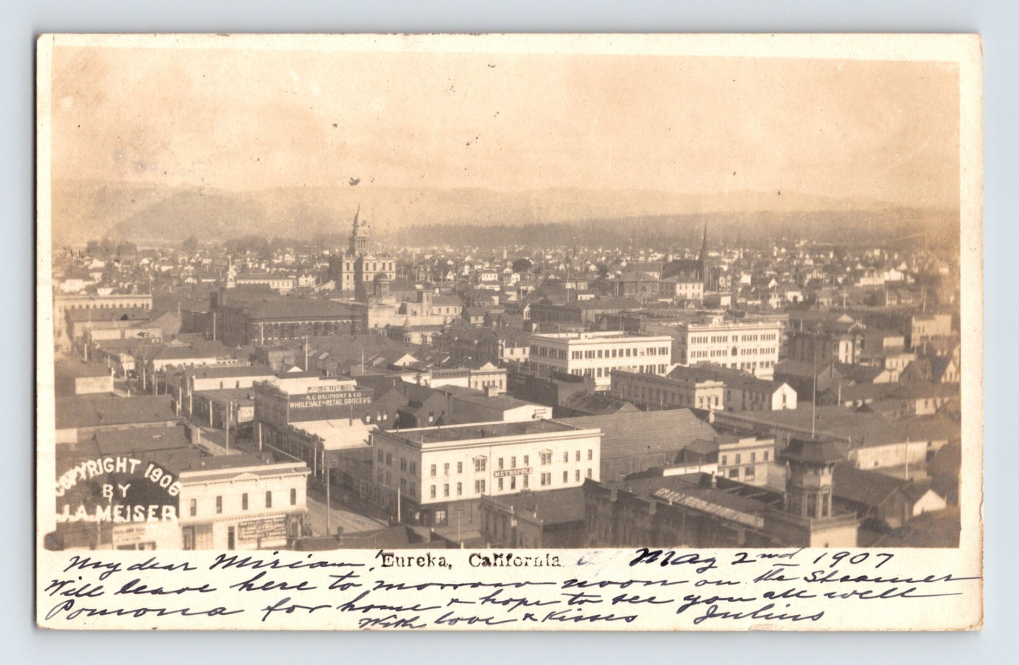 Eureka California Downtown Aerial 1907 Meiser RPPC Postcard Posted Undivided
