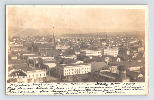 Eureka California Downtown Aerial 1907 Meiser RPPC Postcard Posted Undivided