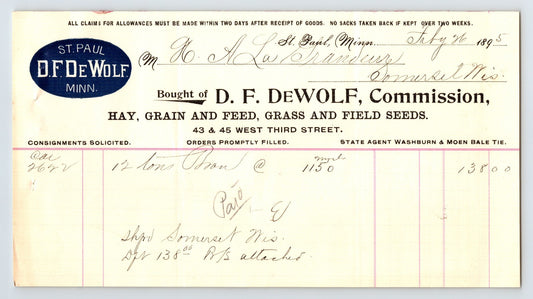 St Paul Minnesota 1895 D F De Wolf Grain Feed Seeds Billhead 8 x 4.5
