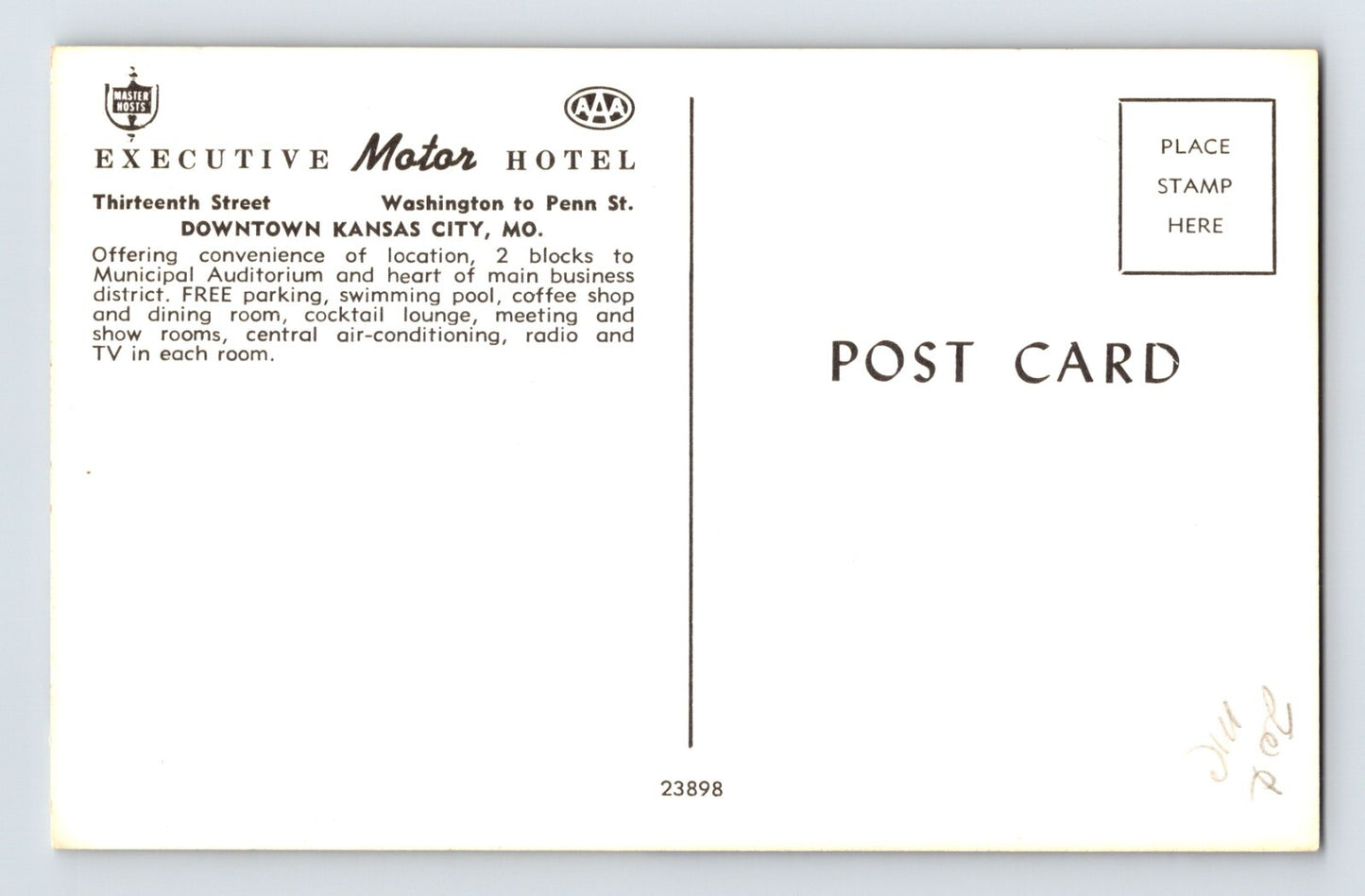 Kansas City Missouri Executive Motor Hotel Motel MCM 1960s Postcard Unposted