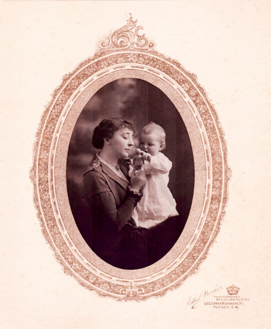 1880s studio portrait mother holding baby with doll oval mount Putney London
