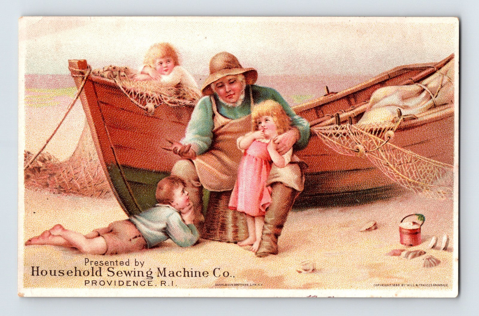 Household Sewing Machine Victorian trade card children fishing scene 1890s advertising card