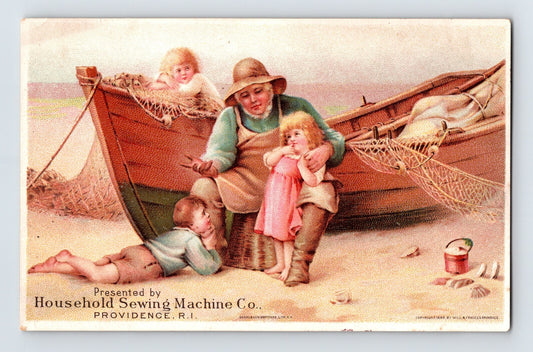 Household Sewing Machine Victorian trade card children fishing scene 1890s advertising card