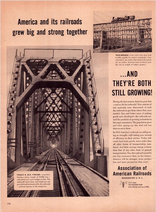 1954 Association of American Railroads train bridge steel truss railroad infrastructure print advertisement archival image