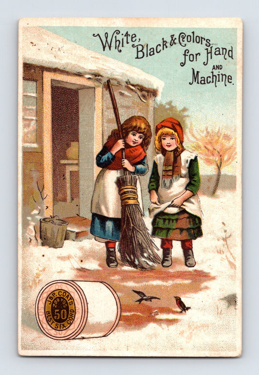 J and P Coats winter scene children broom snow thread spool 1890s trade card