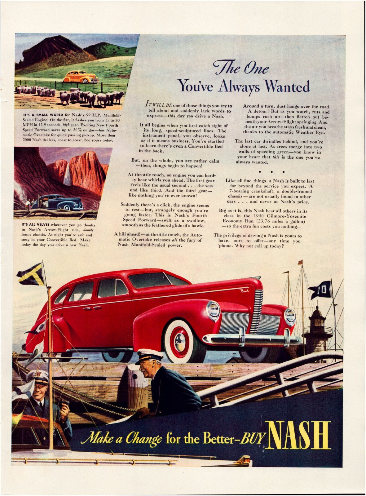 1940 Nash automobile print ad showing red sedan on dock pier with sailors nautical flags and scenic travel insets promoting road travel and lifestyle imagery