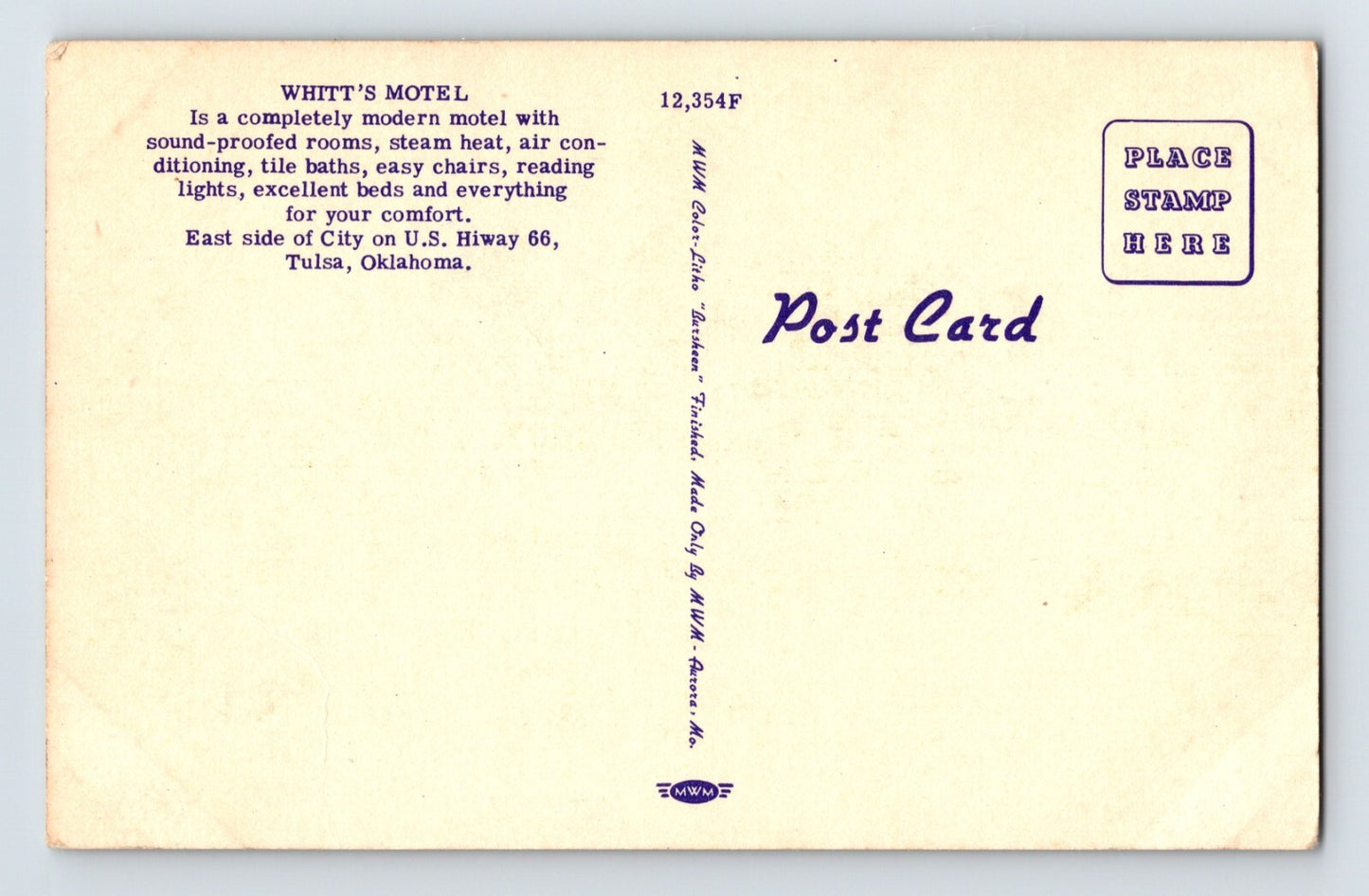 Tulsa Oklahoma Whitts Motel Route 66 1940s Postcard Unposted Linen