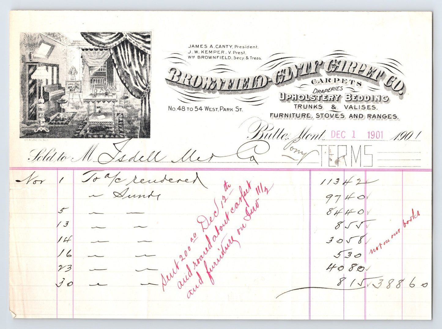 Brownfield Canty Carpet Co Butte Montana 1901 illustrated furniture and carpet with engraved parlor vignette and handwritten ledger entries
