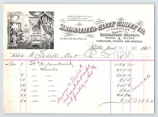 Brownfield Canty Carpet Co Butte Montana 1901 illustrated furniture and carpet with engraved parlor vignette and handwritten ledger entries
