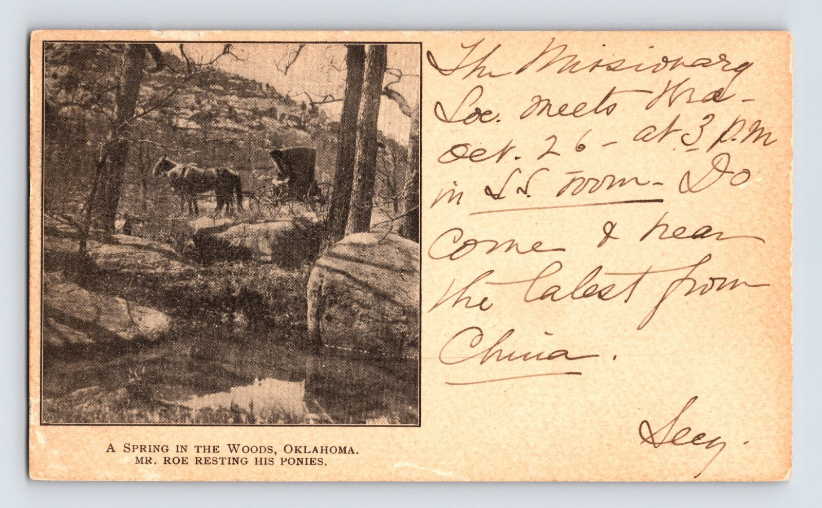 Newark New Jersey Reformed Church missionary postcard Oklahoma spring woods ponies 1904
