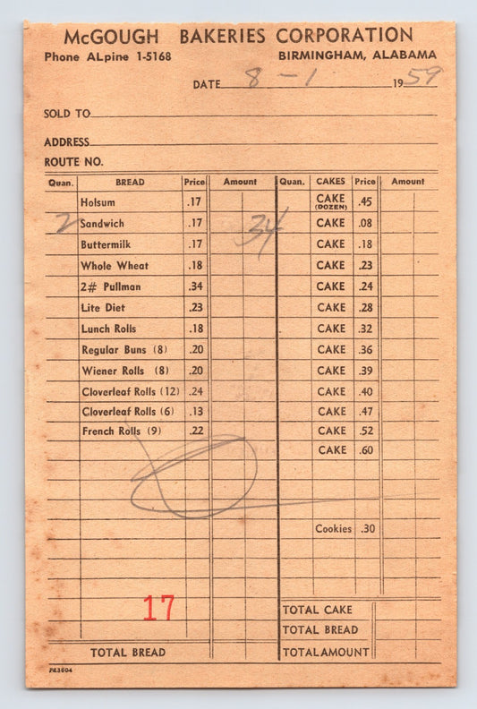 Birmingham Alabama 1957 McGough Bakeries billhead with bread cake delivery list and printed pricing columns