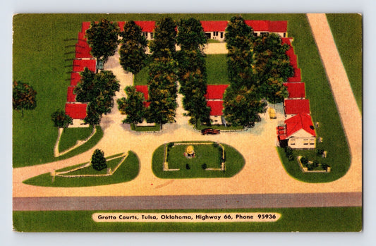 Tulsa Oklahoma Grotto Court Motel Route 66 aerial layout cabins linen postcard 1951