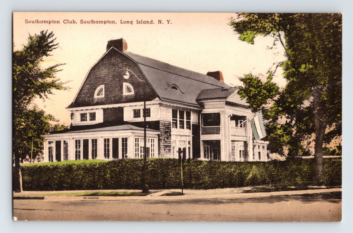 Hand-colored postcard of Southampton Club building in Southampton Long Island New York with shingled facade and manicured hedge