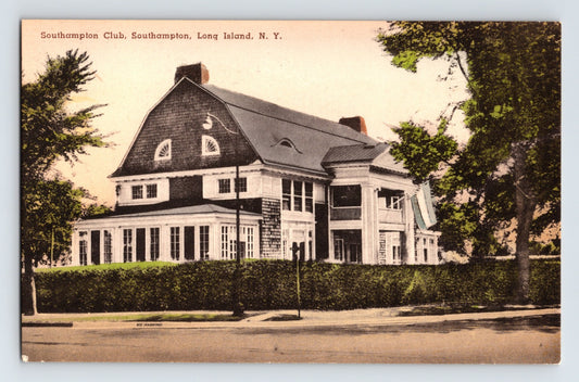 Hand-colored postcard of Southampton Club building in Southampton Long Island New York with shingled facade and manicured hedge