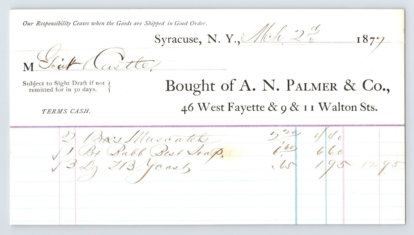 Syracuse New York 1877 A.N. Palmer General Store Billhead 8 x 4.5