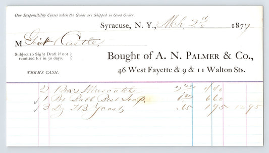 Syracuse New York 1877 A.N. Palmer General Store Billhead 8 x 4.5