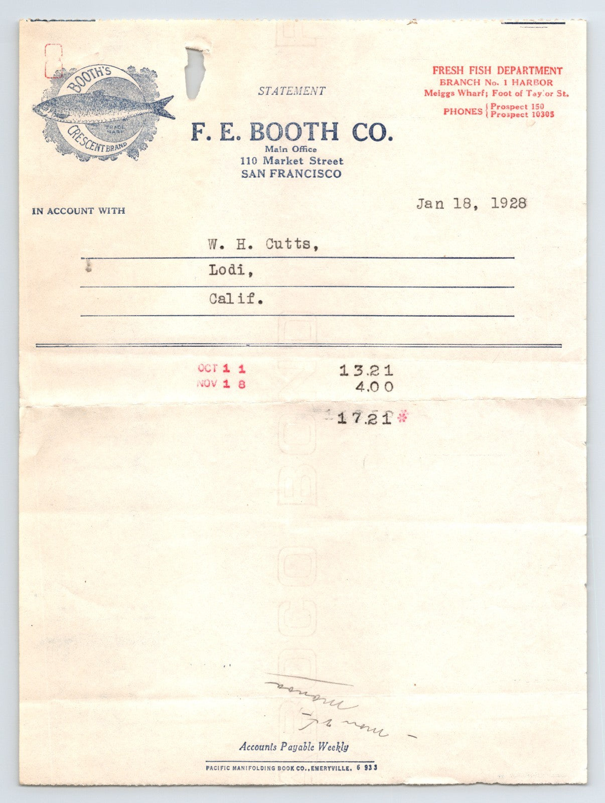 San Francisco F E Booth Company fish market invoice 1928 billhead Booth’s Crescent Brand fish logo