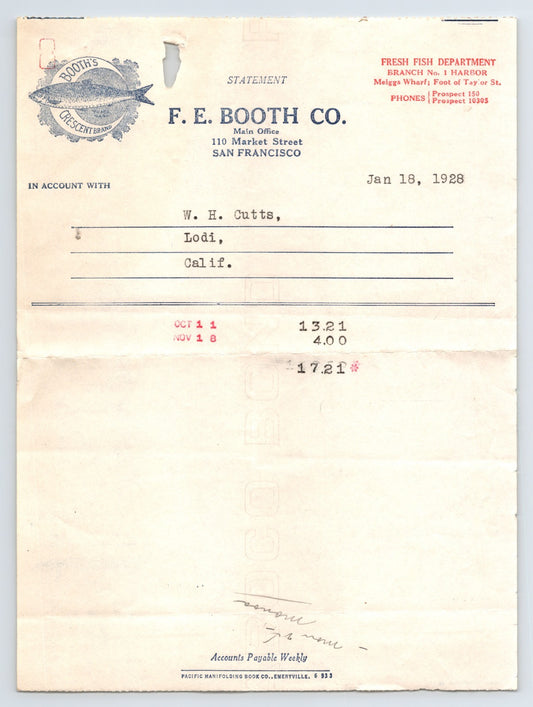 San Francisco F E Booth Company fish market invoice 1928 billhead Booth’s Crescent Brand fish logo