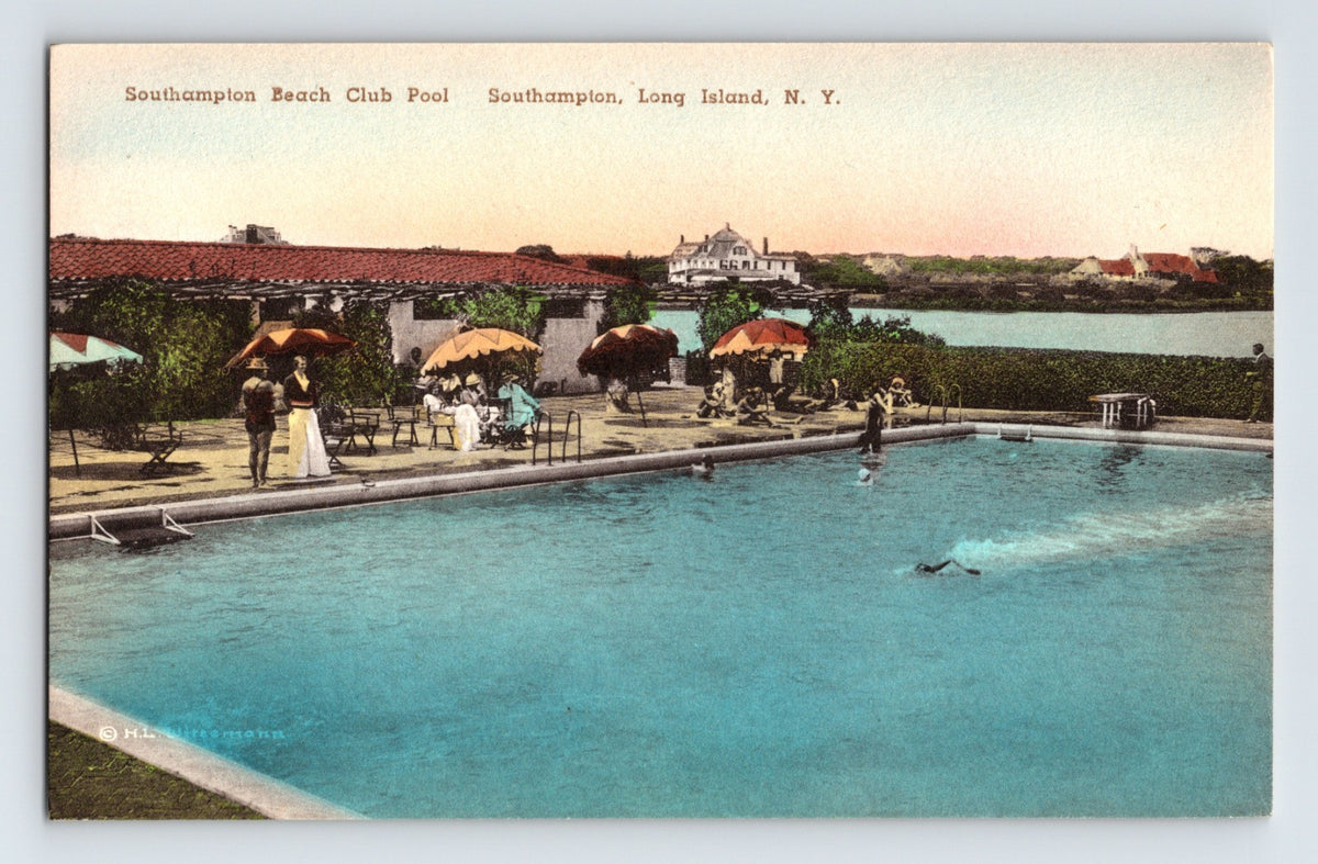 Hand-colored postcard of Southampton Beach Club pool in Southampton Long Island New York with swimmers, umbrellas, and waterfront backdrop