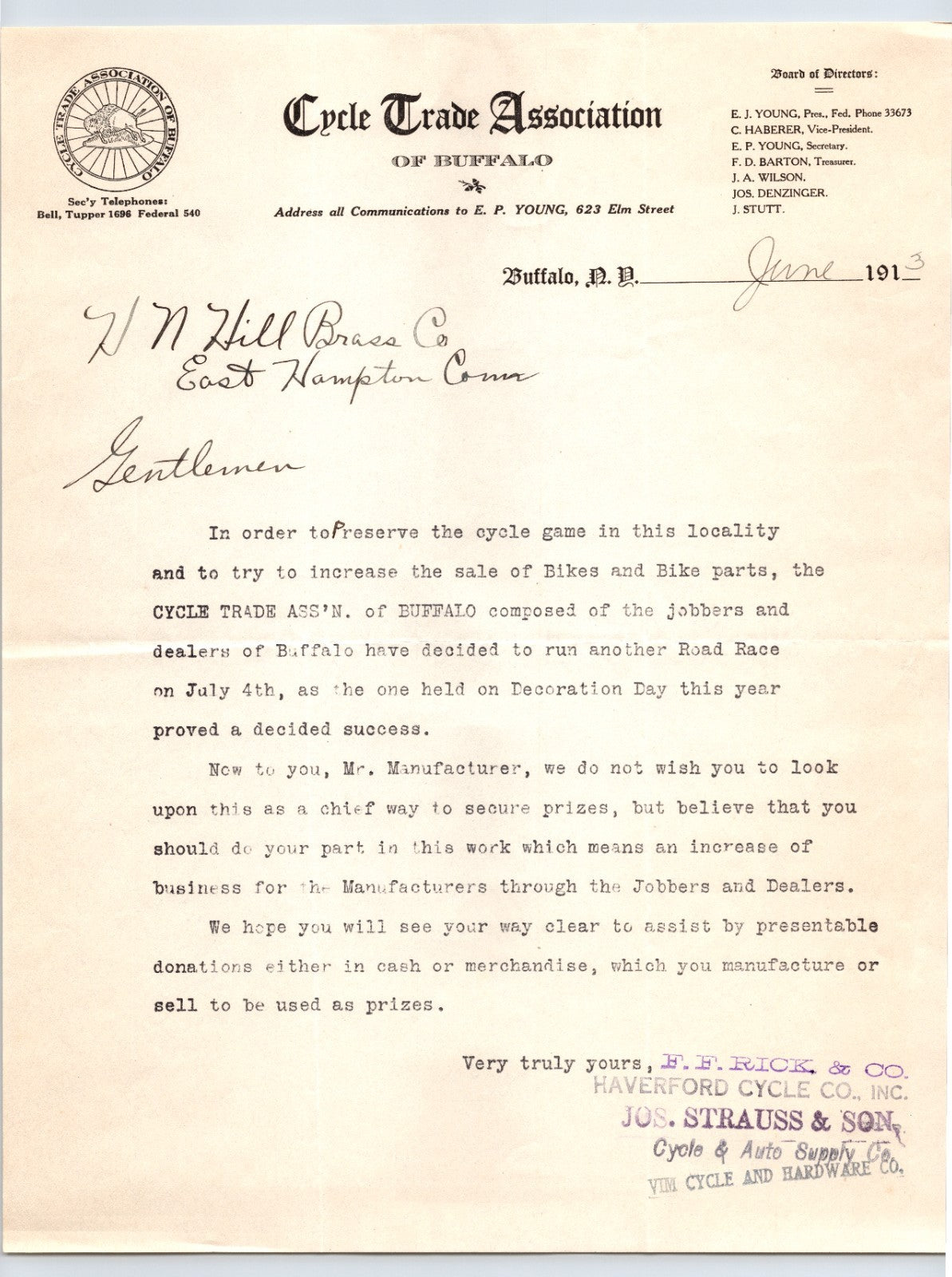 Cycle Trade Association Buffalo NY 1913 Bicycle Road Race Letterhead 8.5 x 11