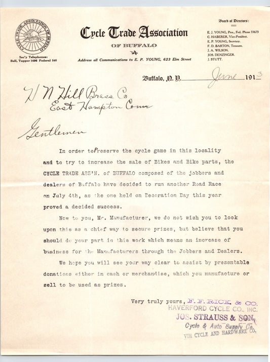 Cycle Trade Association Buffalo NY 1913 Bicycle Road Race Letterhead 8.5 x 11