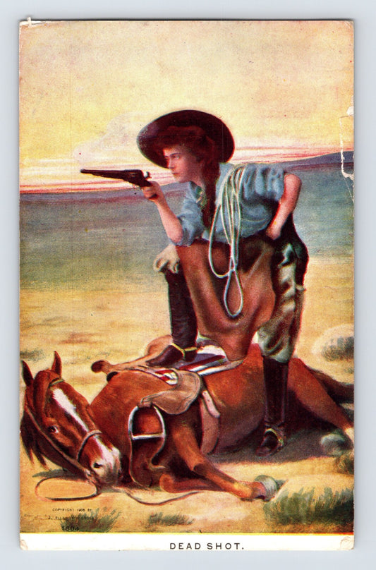 Illustrated cowgirl kneeling beside fallen horse aiming pistol across desert landscape in early twentieth century Western postcard art