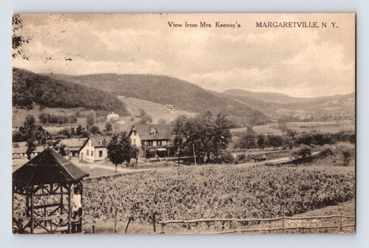 Postcard front showing rural valley landscape labeled View from Mrs Keeneys Margaretville N Y with farmhouse, outbuildings, fenced field, and rolling Catskill hills; divided back, postmarked 1908.