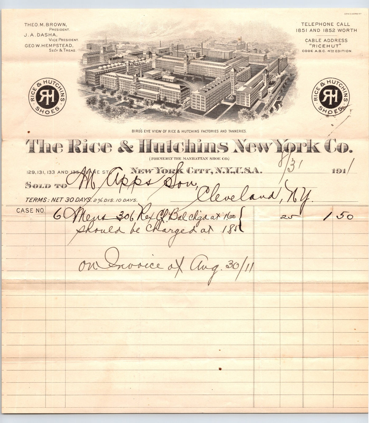 New York City Rice Hutchins New York Company shoe manufacturer billhead 1911