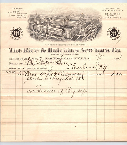 New York City Rice Hutchins New York Company shoe manufacturer billhead 1911