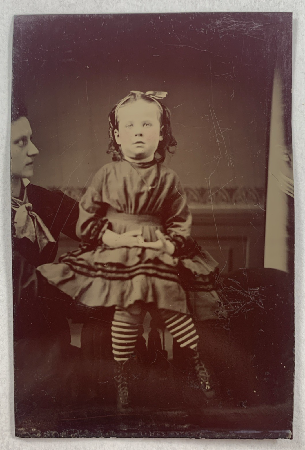 Tintype Photograph Deceased Little Girl Striped Leggings Unusual Sixth-Plate