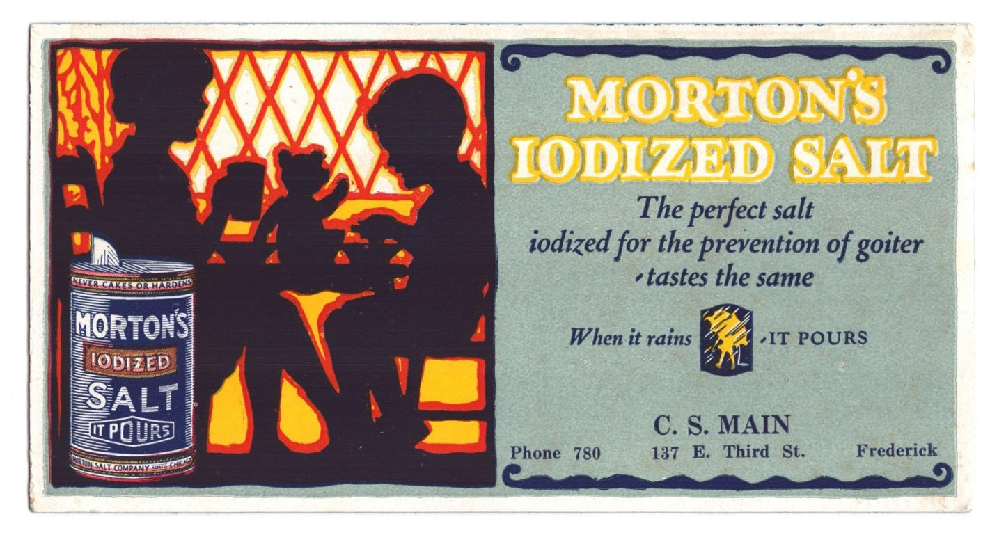 Morton iodized salt advertising blotter children tea time silhouette illustration when it rains it pours slogan