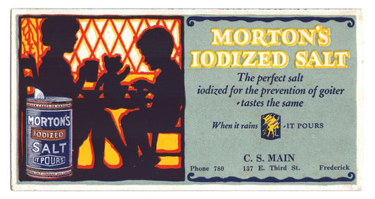 Morton iodized salt advertising blotter children tea time silhouette illustration when it rains it pours slogan