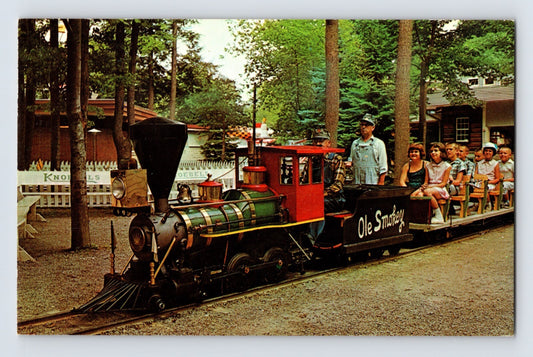 Wyano Pennsylvania Knoebels Amusement Resort miniature train Ole Smoky with children riders 1960s postcard