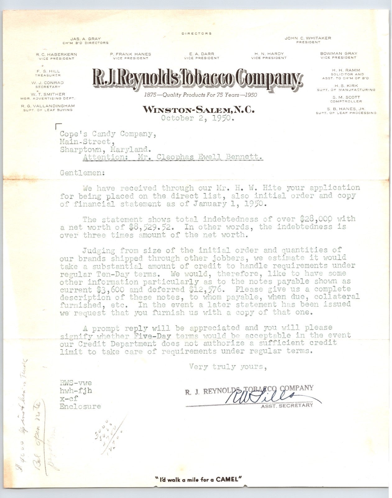 Winston-Salem North Carolina R J Reynolds Tobacco Company 1950 corporate letterhead