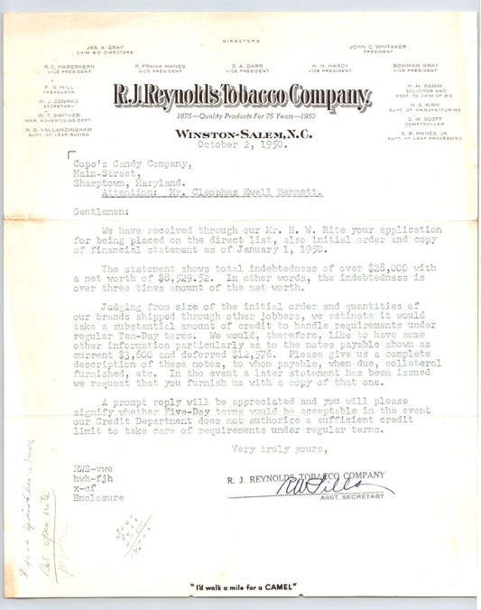 Winston-Salem North Carolina R J Reynolds Tobacco Company 1950 corporate letterhead