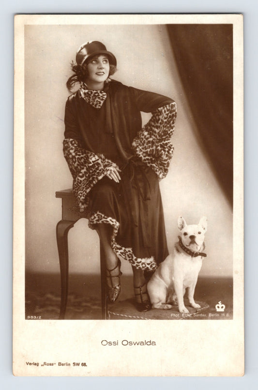 Ossi Oswalda seated portrait with small dog German silent film actress 1920s RPPC